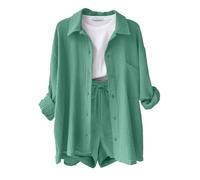 Yutdeng Completo Donna 2 Pezzi Camicia a Maniche Lunghe e Pantaloncini con Coulisse e Tasche Elegante Completo Estivo Tuta da Casa Casual Completo Sportivo in Lino Tuta da Ginnastica,Verde Chiaro,S