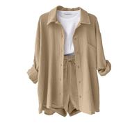 Yutdeng Completo Donna 2 Pezzi Camicia a Maniche Lunghe e Pantaloncini con Coulisse e Tasche Elegante Completo Estivo Tuta da Casa Casual Completo Sportivo in Lino Tuta da Ginnastica,Cachi,L