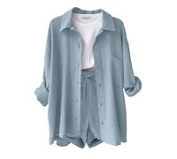 Yutdeng Completo Donna 2 Pezzi Camicia a Maniche Lunghe e Pantaloncini con Coulisse e Tasche Elegante Completo Estivo Tuta da Casa Casual Completo Sportivo in Lino Tuta da Ginnastica,Blu Grigio,L