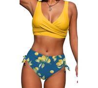 Yutdeng Costume da Bagno Donna Curvy Bikini Mare Vita Alta Due Pezzi Costumi Top Push Up Scollo a V con Incrociati sul Retro e Pantaloncini da Bagno con Coulisse Laterale a Pieghe,Giallo,XL