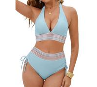 Yutdeng Halter Costume da Bagno Due Pezzi Donna Costumi Mare Scollo a V Push Up Set Bikini con Slip a Vita Alta Spiaggia con Coulisse Laterale e Fascia Elastica Colorata Swimsuit Beachwear Estate