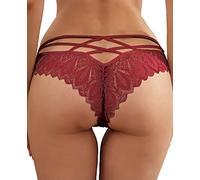 Yutdeng Intimo a Perizoma in Pizzo Donna Mutandine Sexy in Pizzo Perizoma da Donna Vita Slips di Intima Mutandine Curvy Trasparente Slip Tanga Elasticizzato Vita Bass Intima,Vino Rosso,XL