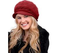 Yutdeng Invernale Moda Cappello Lavorato a Maglia da Donna Berretto in Maglia Caldo Berretto Donna con Visiera Spesso Foderato in Pile Vintage Beretta con Decorazione di Perle,Rosso Vino