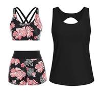 Yutdeng Tankini da Donna in 3 Pezzi Top Bikini Regolabile Push Up e Pantaloncini da Bagno a Vita Alta Tankini con Retro Rotondo Traforato Costume da Bagno Sportivo per Piscina, Spiaggia,Rosa,L