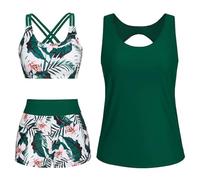 Yutdeng Tankini da Donna in 3 Pezzi Top Bikini Regolabile Push Up e Pantaloncini da Bagno a Vita Alta Tankini con Retro Rotondo Traforato Costume da Bagno Sportivo per Piscina, Spiaggia,Verde,S
