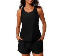 Yutdeng Tankini Donna Mare Costume da Bagno Due Pezzi Modest Tankini Set Canotta Top Bikini Push Up e Pantaloncini da Bagno con Tasche Costumi da Bagno Sportivi Swimwear da Spiaggia.Nero,XL