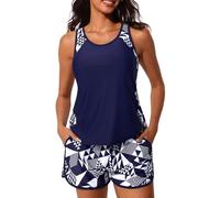 Yutdeng Tankini Donna Mare Costume da Bagno Due Pezzi Modest Tankini Set Canotta Top Bikini Push Up e Pantaloncini da Bagno con Tasche Costumi da Bagno Sportivi Swimwear da Spiaggia.Blu Navy,S