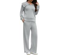 Yutdeng Tuta da Donna 2 Pezzi Oversize Manica Lunga Colletto Risvolto Felpa Pullover con Mezza Zip Pantaloni Lunghi con Coulisse e Tasche Pantaloni della Tuta per palestra, sport, casual,Grigio,L