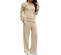 Yutdeng Tuta da Donna 2 Pezzi Oversize Manica Lunga Colletto Risvolto Felpa Pullover con Mezza Zip Pantaloni Lunghi con Coulisse e Tasche Pantaloni della Tuta per palestra, sport, casual,Cachi,XXL