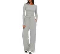 Yutdeng Tuta Donna 2 Pezzi Maniche Lunghe con Girocollo e Pantaloni Larghi a Gamba Larga con Tasche e Coulisse Casual Elegante Completi Tuta Sportiva per la Casa, da Jogging,Grigio Chiaro,XL