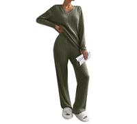 Yutdeng Tuta Donna 2 Pezzi Set Maniche Lunghe con Scollo a V e Pantaloni a Gamba Larga con Tasche Completo Sportiva Set Pigiama a Costine Tuta da Ginnastica,da Jogging,da Casa,Verde militare,XXL