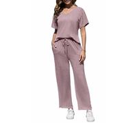 Yutdeng Tute da Casa 2 Pezzi Pigiama Set a Costine da Donna Maniche Corte con Scollo a V Orlo a Fessura Maglietta e Pantaloni Lunghi con Coulisse con Tasche Tuta da Ginnastica,Viola,XXL