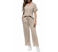 Yutdeng Tute da Casa 2 Pezzi Pigiama Set a Costine da Donna Maniche Corte con Scollo a V Orlo a Fessura Maglietta e Pantaloni Lunghi con Coulisse con Tasche Tuta da Ginnastica,Beige,XXL