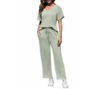 Yutdeng Tute da Casa 2 Pezzi Pigiama Set a Costine da Donna Maniche Corte con Scollo a V Orlo a Fessura Maglietta e Pantaloni Lunghi con Coulisse con Tasche Tuta da Ginnastica,Verde,XXL