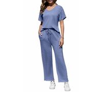 Yutdeng Tute da Casa 2 Pezzi Pigiama Set a Costine da Donna Maniche Corte con Scollo a V Orlo a Fessura Maglietta e Pantaloni Lunghi con Coulisse con Tasche Tuta da Ginnastica,Blu,L
