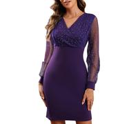 Yutdeng Vestito Donna Maniche Lunghe con Scollo a V Autunno e Inverno Elegante Abito da Sera Abito Corto con Paillettes Abiti da Cocktail Rete Trasparente Abiti da Festa Vestito da Cerimonia,Viola,S