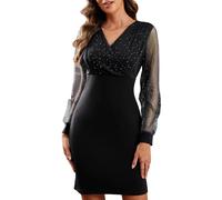 Yutdeng Vestito Donna Maniche Lunghe con Scollo a V Autunno e Inverno Elegante Abito da Sera Abito Corto con Paillettes Abiti da Cocktail Rete Trasparente Abiti da Festa Vestito da Cerimonia,Nero,XL