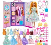 Yutoy 122 Pezzi Armadio Bambole Playset con Bambole 11,5 Pollici, Vestiti e Accessori, Include Abiti Principessa Scarpe Borse, Giocattoli Travestimento Adatti a Bambine, Bambini e Bambini (Viola)