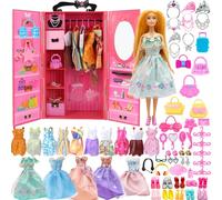 Yutoy Armadio Bambole Set con 63 Accessori, con una Bambola Bionda, Armadio Rosa Facile da Trasportare Grazie alla Maniglia, con Vestiti, Grucce, Scarpe, Borse, Corona, Orecchini e Collane