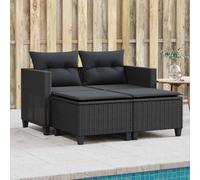 YuuSsea Divano da giardino a 2 posti con sgabelli, nero, in polyrattan, resistente alle intemperie, con cuscino imbottito, ideale per balcone, terrazza, giardino, veranda e giardino d'inverno