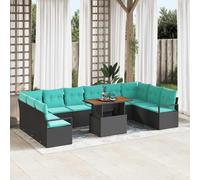 YuuSsea Set da pranzo da giardino, 11 pezzi, con cuscini, nero e verde acqua, rattan sintetico e legno di acacia, resistente alle intemperie, per balcone, terrazza e giardino d'inverno