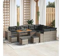 YuuSsea Set di divani da giardino, 13 pezzi, grigio, con cuscini e vano portaoggetti, in polyrattan e acacia, modulare, per terrazza, balcone e giardino, per rilassarsi e stare in compagnia