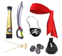 YUVKIN Set da 6 Accessori per Costume da Pirata - Bandana Rossa, Benda per Occhio, Cannocchiale, Spada Gonfiabile, Borsa con Teschio, Monete d'Oro, Collana - Costumi di Carnevale per Bambini e Bambine