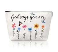 YUXIANLB Borsa per il trucco con scritta in lingua inglese "Dio dice che sei tu", borsa cosmetica dal design divino, pochette con motivo floreale e uccellino, per donne, affermazioni ispiratrici e