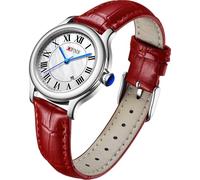 Yuxier Orologio da polso da donna, al quarzo, classico, vintage, casual, con cinturino in pelle, impermeabile, sportivo, calendario, orologio da donna, Argento Rosso, Cinturino