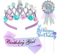 Yuxung Confezione da 4 decorazioni per 6° compleanno a forma di sirena, corona per 6° compleanno, per ragazze, 6° compleanno, fascia per 6° compleanno, stella marina, conchiglia, coda di sirena,