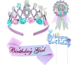 Yuxung Confezione da 4 decorazioni per 6° compleanno a forma di sirena, corona per 6° compleanno, per ragazze, 6° compleanno, fascia per 6° compleanno, stella marina, conchiglia, coda di sirena,