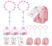 Yuxung Il set da 100 bomboniere per battesimo include 25 mini rosario, 25 scatole a croce, 25 sacchetti in organza bianchi, 25 etichette di ringraziamento per baby shower, regali di ritorno per