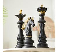 Yuxung Set di 3 statue di scacchi grandi, re, regina, cavaliere, nero/oro, statuetta classica di scacchi, regalo per casa, ufficio, vacanze
