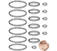 YUZNA Choker Donna Set Gioielli 6 Pezzi, Collana Choker Nero Elastica Tattoo Style, Bracciale e Anello, Accessori Anni 90 Look Emo Halloween Gotico Party Fashion