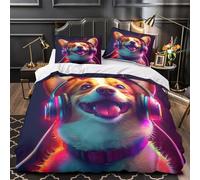 YVASPQRTW Corgi che indossa le cuffie 3D Stampa Coperta Letto 3pz Microfibra Resistente Digitale vibrante Coperteletto 2 federe Lavabile Lavatrice Ragazzi Ragazze Single (135x200cm)