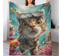 YVASPQRTW Diving Adventure Cat Plaid Da Letto in Pile Resistente, Coperta Morbida Arredo Camera Surreal Animal Ocean Deep Sea Scene Bambini Ragazze, 60x80inch(150x200cm)