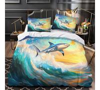 YVASPQRTW Lo squalo salta 3D Stampa Coperteletto 3pz Microfibra Zip nascosta onda dell'oceano Coperta Letto 2 federe Traspirante Coppie Famiglia Single (135x200cm)