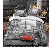 YVASPQRTW Scena di strada di Parigi 3D Stampa Coperta Letto 3pz Microfibra Resistente Auto d'epoca in contesto urbano Coperteletto 2 federe Zip nascosta Arredo Camera Adolescenti Single (135x200cm)