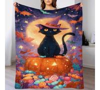 YVASPQRTW Stampa 3D Tema Halloween Night Sky Pumpkin Patch Forest Coperta in Flanella, Flying Broomstick Black Cat Plaid Morbido Divano Letto Bambini, 70x80inch(180x200cm)