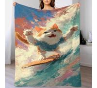 YVASPQRTW Surfing Adventure Cat Plaid Da Letto in Pile Resistente, Coperta Morbida Arredo Camera Surreal Animal Ocean Wave Action Scene Bambini Ragazze, 40x50inch(100x130cm)