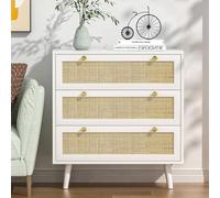 Yvsevnr Cassettiera bianca in rattan con 3 cassetti, per camera da letto, vestiti, con manici e gambe robuste, comò in rattan bohémien, per camera da letto, soggiorno, corridoio