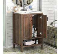 Yvsevnr Mobile Lavatoio Lavanderia in Legno con Vasca in Ceramica Mobile Bagno con Lavabo a Terra 60 cm, Ripiano Aperto, Maniglia in Metallo, Moderno, Lavabo Ceramica, Marrone 60 x 47 x 92 cm