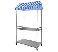 YVYKFZD Bancarella chiosco alimentare con tettoia a strisce, Carrello per bancarelle struttura in ferro a 2 livelli, Bancarelle del mercato pieghevole con ruote(Blauw,120x60cm/47.2"x23.6")