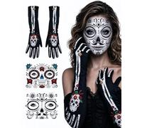 YWAYNU Guanti Scheletro 1 Paio Lunghi, Elasti Chi con Dite Libere + 2 Adesivi per Viso, Halloween Costume Scheletro Cosplay Una Taglia Universale per Festa Carnevale Trucco
