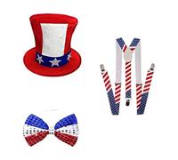 YWBleked Stile Steampunk Costume Halloween Set di Bretelle con Cappello a Cilindro,Papillon e Cravatta per Festa dell'indipendenza per Uomini e Ragazzi,Accessorio Costume(Blue,One Size)