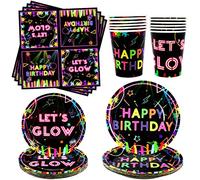 Ywediim Forniture per stoviglie per Feste al Neon Glow per 20 Persone - Include Piatti, Tazze, tovaglioli, per Decorazioni per Feste a Tema Let's Glow Blacklight (Serve 20)