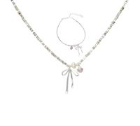 YWeiLiangSan Argento Bracciale & Collana con Fiocco, Perla e Cuore - Ideal Gifts for Bridesmaids, Mother or BFF at Weddings (1 Set,Medium)
