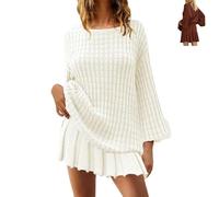 YWeiLiangSan Set di Gonne in Maglia Oversize da 2 Pezzi, Top in Maglia a Coste a Maniche Lunghe, Gonne Plissettate (Large,Beige)