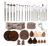 YWJLQH Set Pennelli Trucco Fibra Sintetica, Manico lungo in plastica, detergente pennelli, borsa lavaggio, include fascia, spugna, piumino, per, 20 pennelli da trucco marroni + 19 accessori marroni