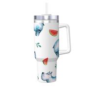 YWSOTRE Acquerello carino ippopotamo anguria,Tazza Ice Bully da 40 oz con manico, in acciaio inossidabile, con borraccia